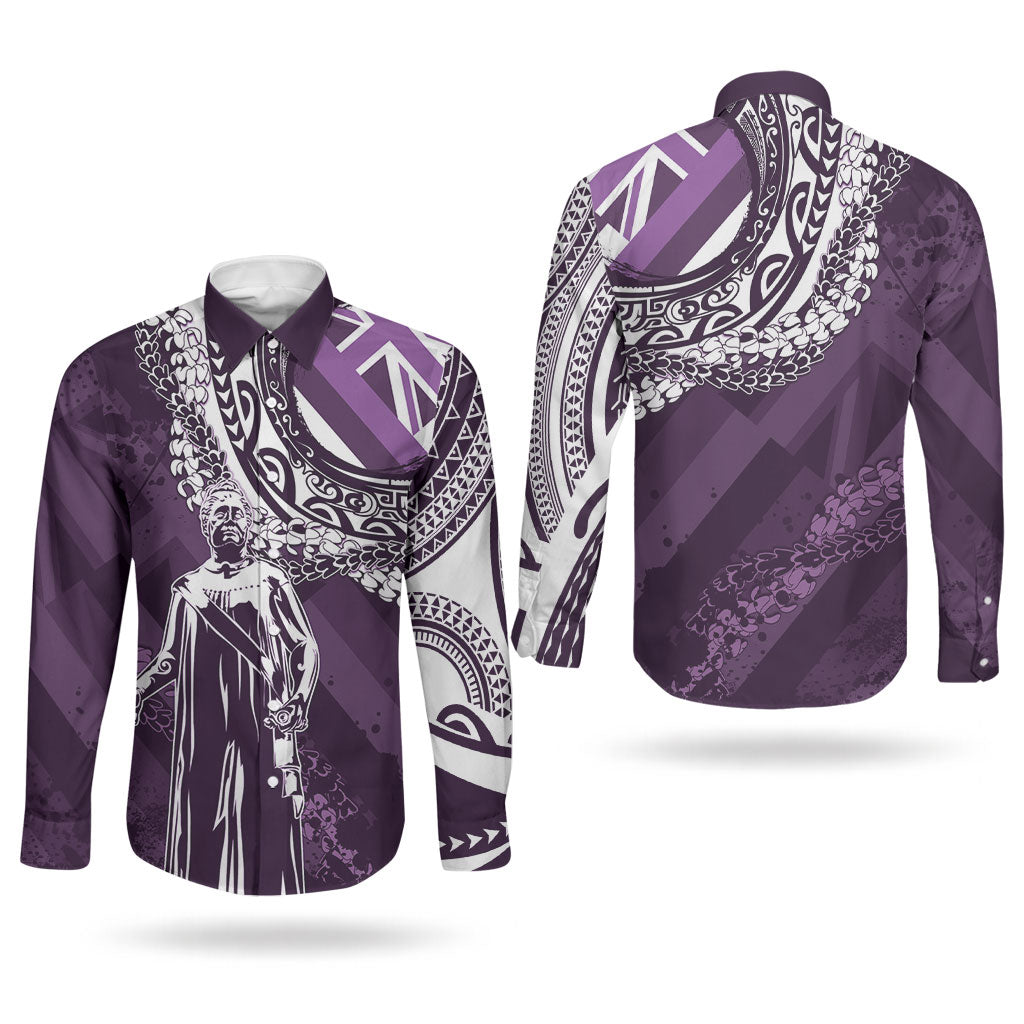 Hawaii Queen Liliuokalani Couples Matching Puletasi and Long Sleeve Button Shirt Hawaiian Maile Lei Flag Style LT05 - Polynesian Pride