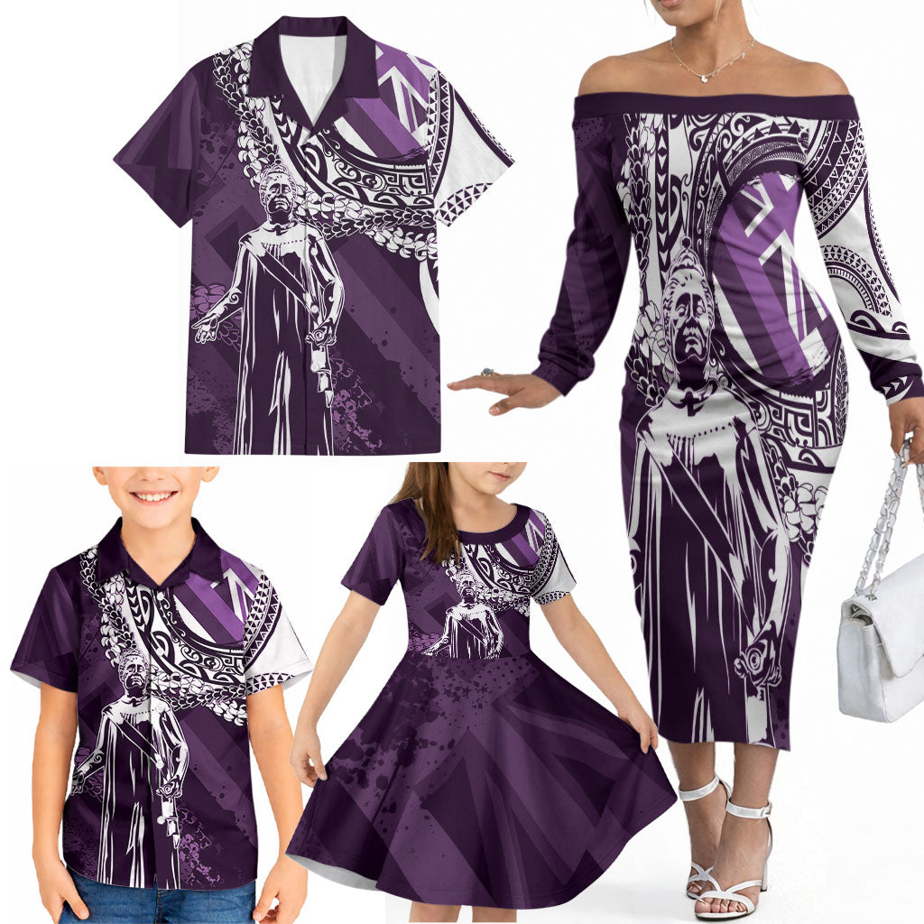 Hawaii Queen Liliuokalani Family Matching Off The Shoulder Long Sleeve Dress and Hawaiian Shirt Hawaiian Maile Lei Flag Style