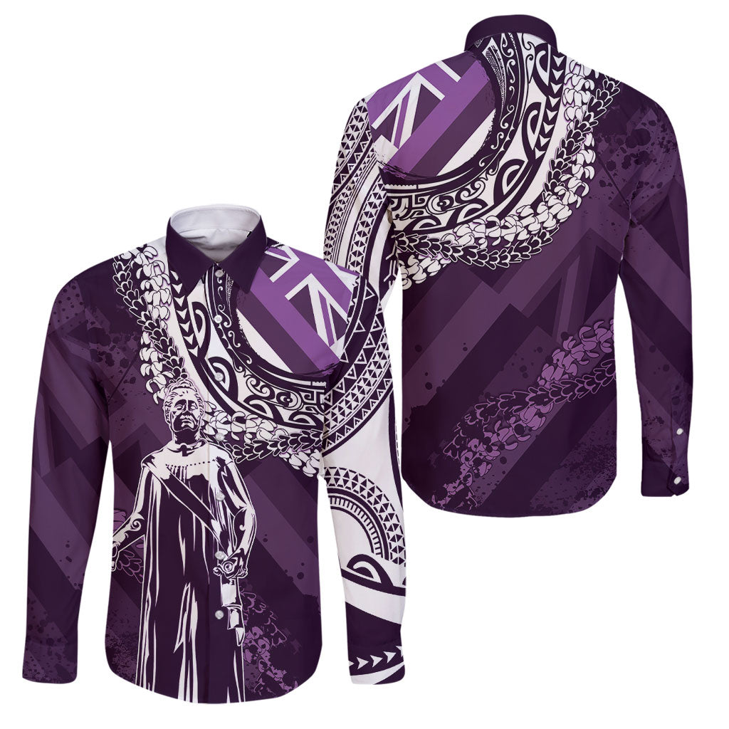 Hawaii Queen Liliuokalani Family Matching Off The Shoulder Long Sleeve Dress and Hawaiian Shirt Hawaiian Maile Lei Flag Style LT05 Dad's Shirt - Long Sleeve Purple - Polynesian Pride