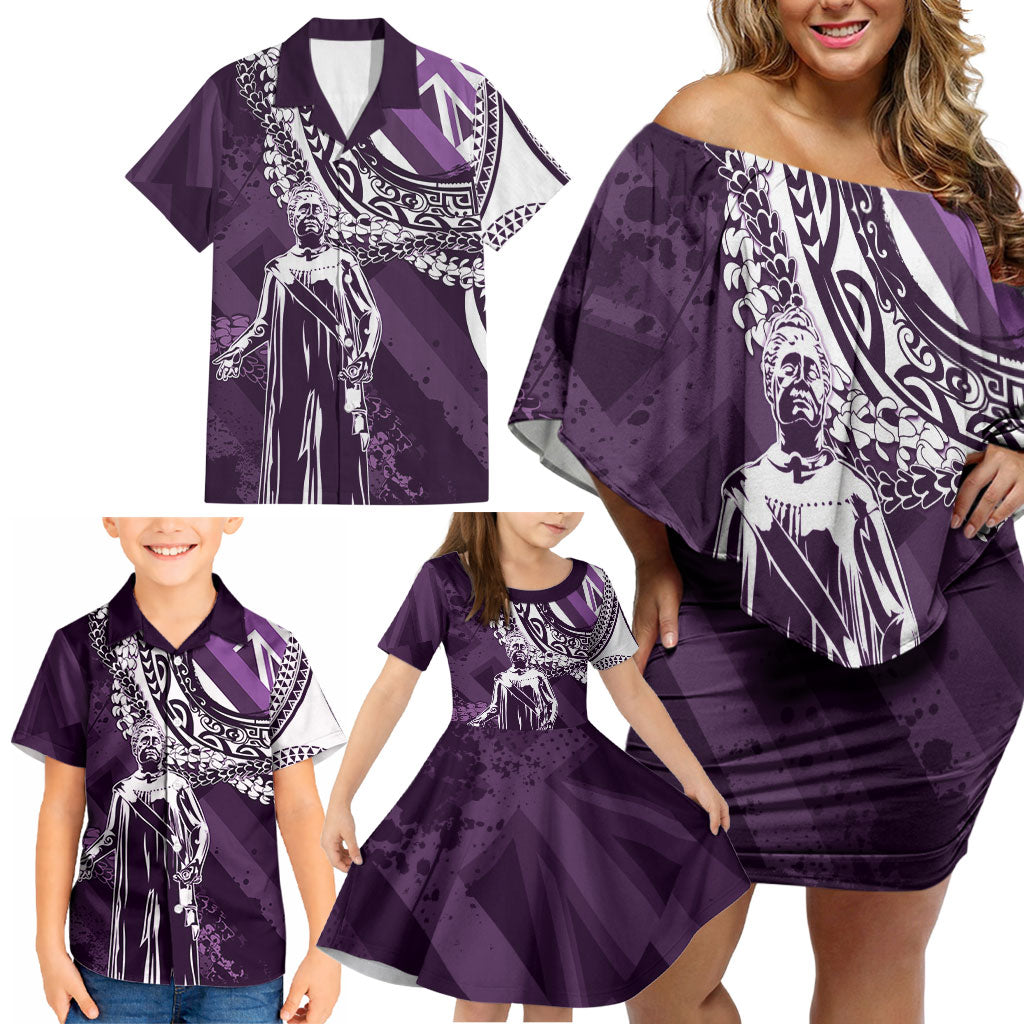 Hawaii Queen Liliuokalani Family Matching Off Shoulder Short Dress and Hawaiian Shirt Hawaiian Maile Lei Flag Style