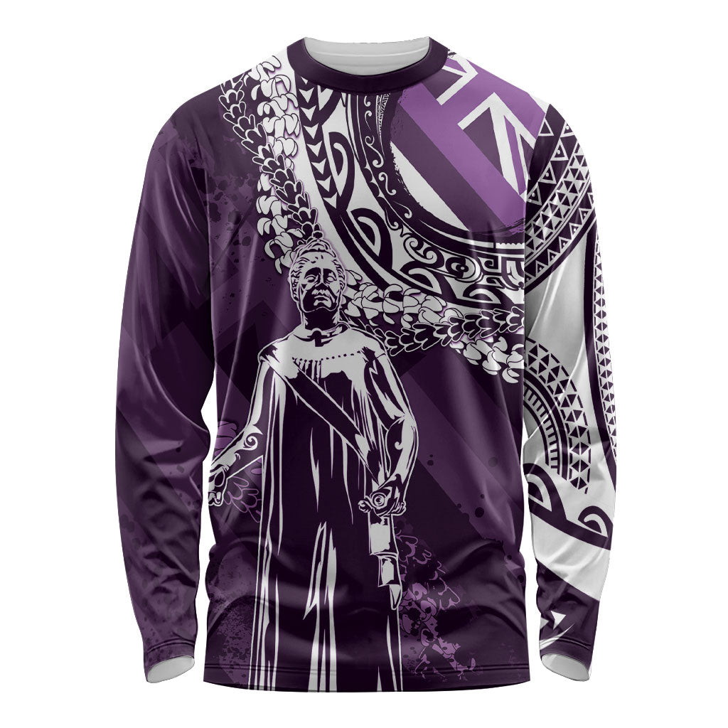 Hawaii Queen Liliuokalani Long Sleeve Shirt Hawaiian Maile Lei Flag Style LT05 Unisex Purple - Polynesian Pride