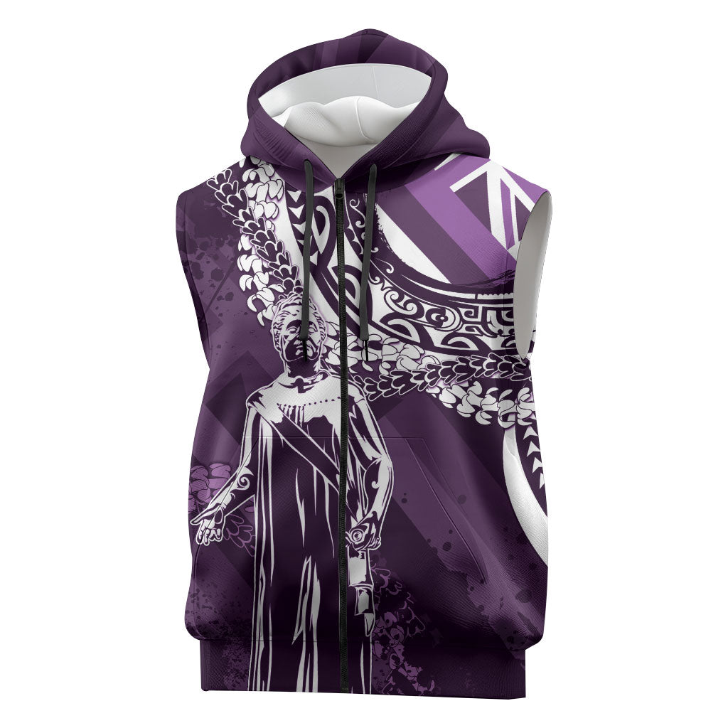 Hawaii Queen Liliuokalani Sleeveless Zip Hoodie Hawaiian Maile Lei Flag Style LT05 Purple - Polynesian Pride