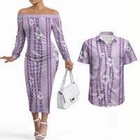 Hawaii Queen Liliuokalani Couples Matching Off The Shoulder Long Sleeve Dress and Hawaiian Shirt Lavender Lei Pua Kalaunu LT05 Lavender - Polynesian Pride