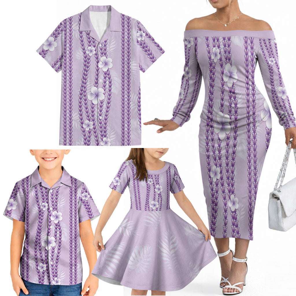 Hawaii Queen Liliuokalani Family Matching Off The Shoulder Long Sleeve Dress and Hawaiian Shirt Lavender Lei Pua Kalaunu