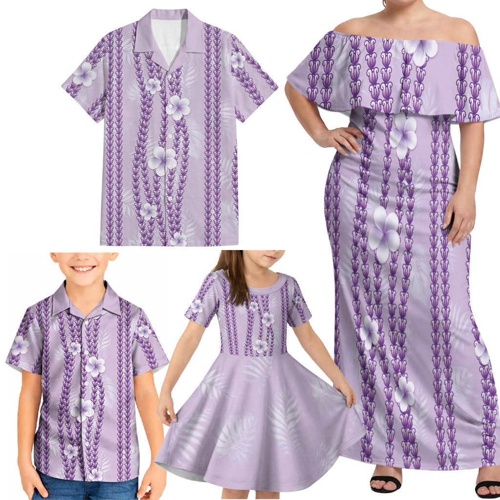 Hawaii Queen Liliuokalani Family Matching Off Shoulder Maxi Dress and Hawaiian Shirt Lavender Lei Pua Kalaunu
