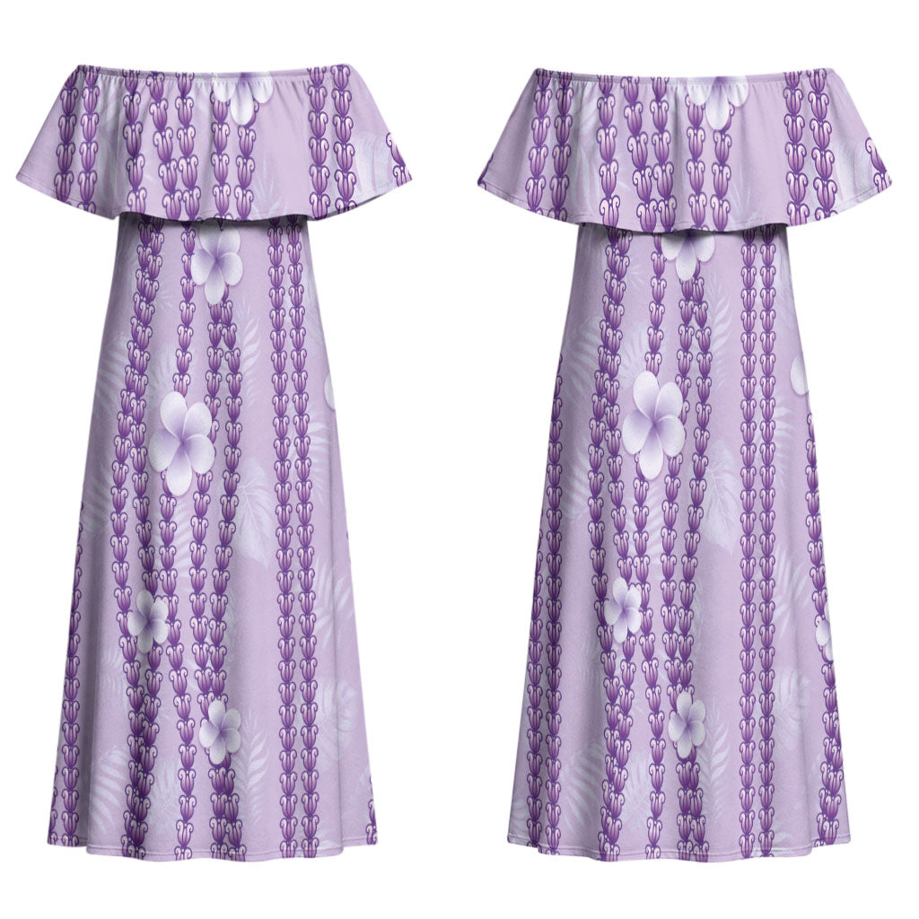Hawaii Queen Liliuokalani Family Matching Off Shoulder Maxi Dress and Hawaiian Shirt Lavender Lei Pua Kalaunu