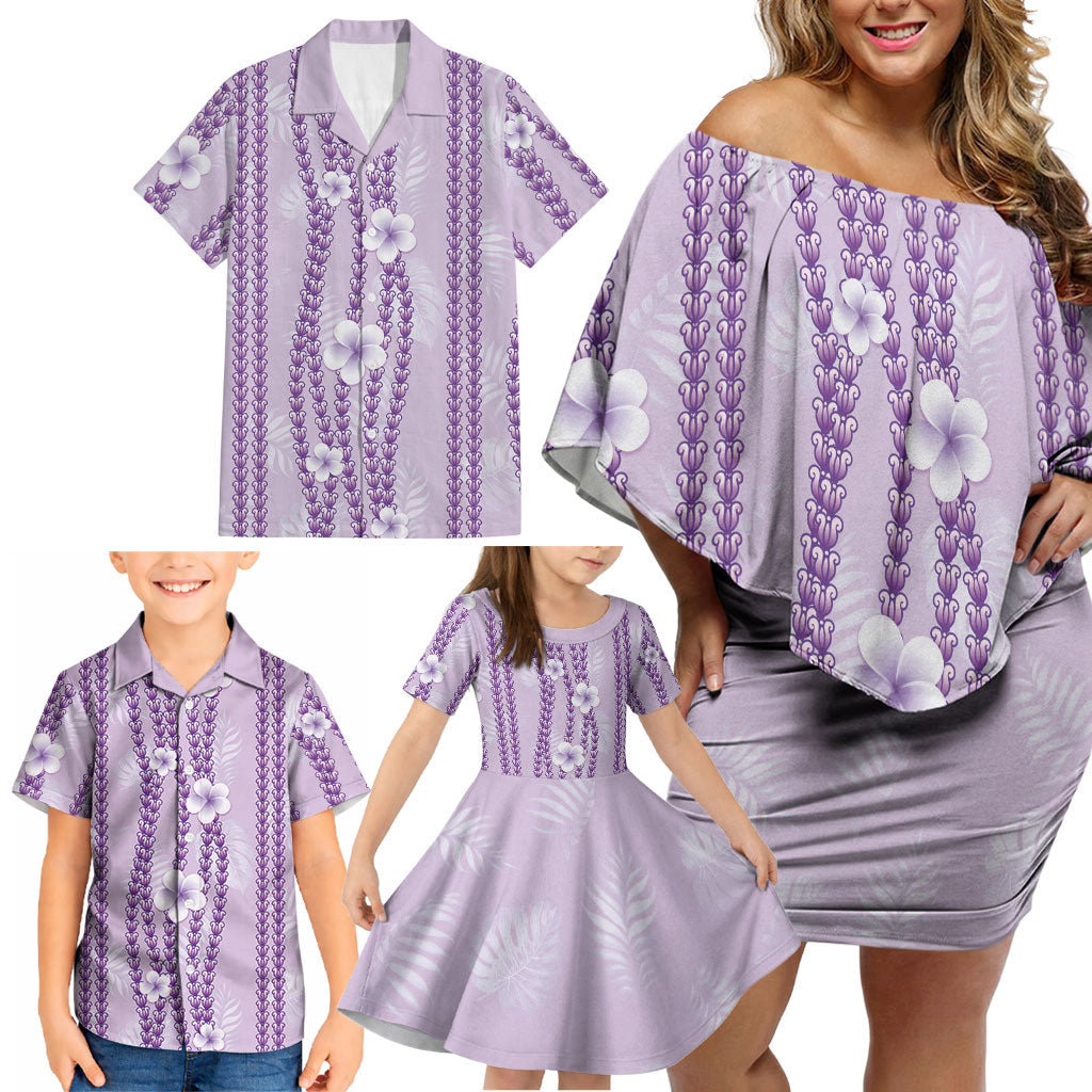 Hawaii Queen Liliuokalani Family Matching Off Shoulder Short Dress and Hawaiian Shirt Lavender Lei Pua Kalaunu