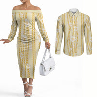 Hawaii Queen Liliuokalani Couples Matching Off The Shoulder Long Sleeve Dress and Long Sleeve Button Shirt Gold Lei Pua Kalaunu LT05 Gold - Polynesian Pride