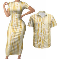 Hawaii Queen Liliuokalani Couples Matching Short Sleeve Bodycon Dress and Hawaiian Shirt Gold Lei Pua Kalaunu LT05 Gold - Polynesian Pride