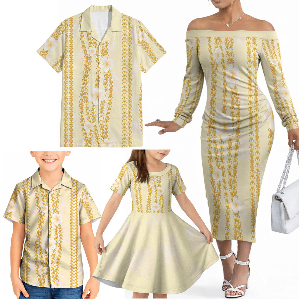 Hawaii Queen Liliuokalani Family Matching Off The Shoulder Long Sleeve Dress and Hawaiian Shirt Gold Lei Pua Kalaunu