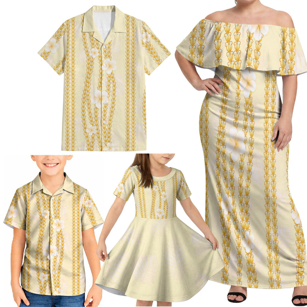 Hawaii Queen Liliuokalani Family Matching Off Shoulder Maxi Dress and Hawaiian Shirt Gold Lei Pua Kalaunu
