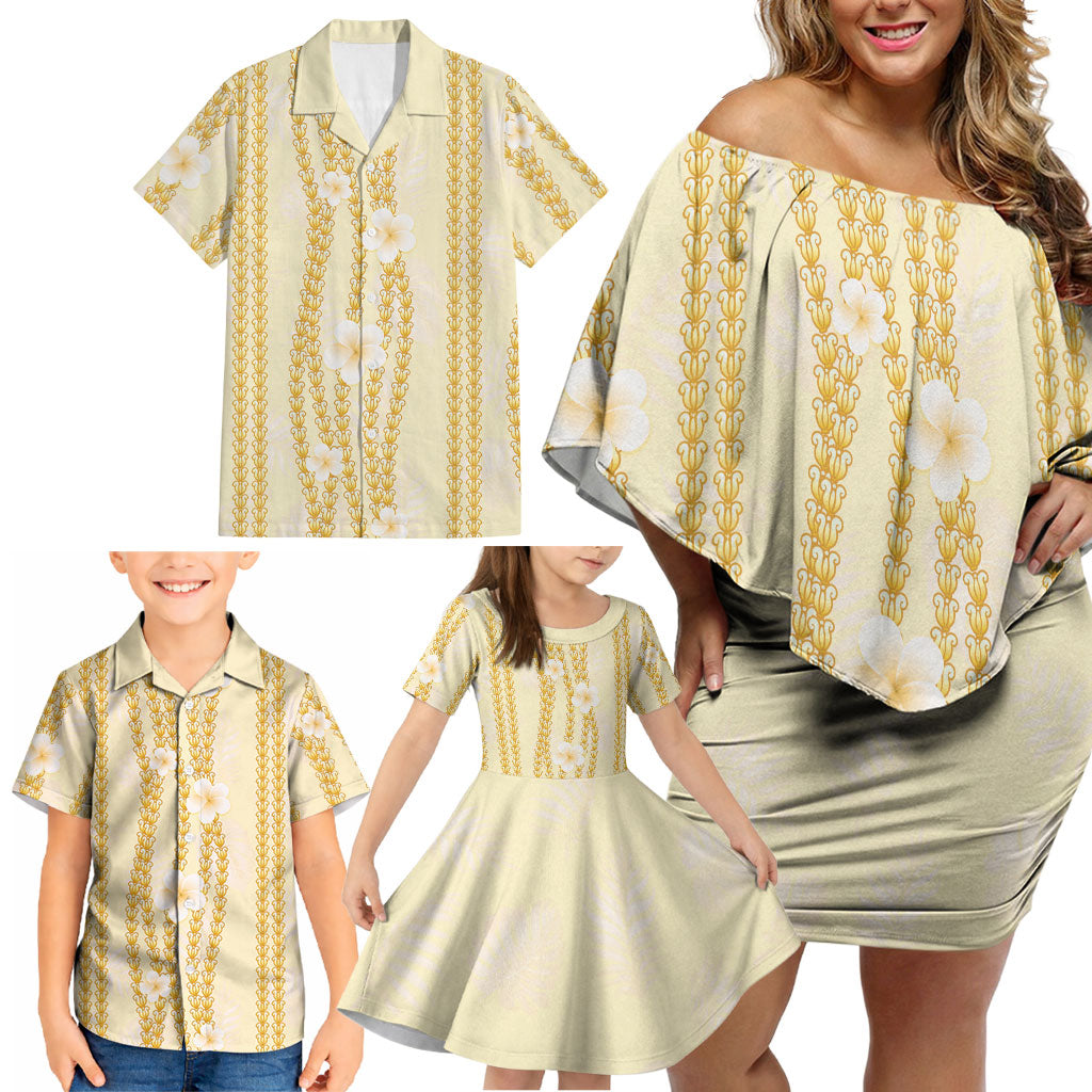 Hawaii Queen Liliuokalani Family Matching Off Shoulder Short Dress and Hawaiian Shirt Gold Lei Pua Kalaunu