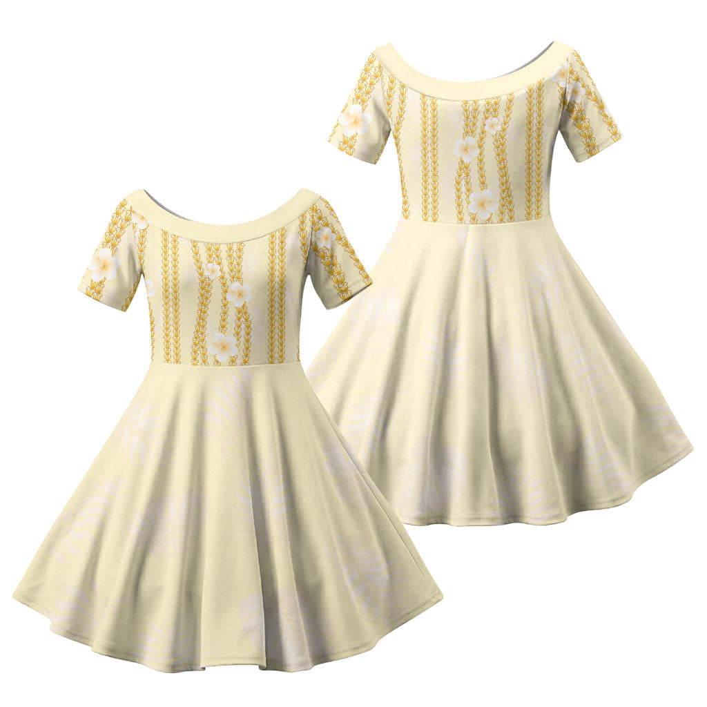 Hawaii Queen Liliuokalani Family Matching Off Shoulder Short Dress and Hawaiian Shirt Gold Lei Pua Kalaunu LT05 Daughter's Dress Gold - Polynesian Pride