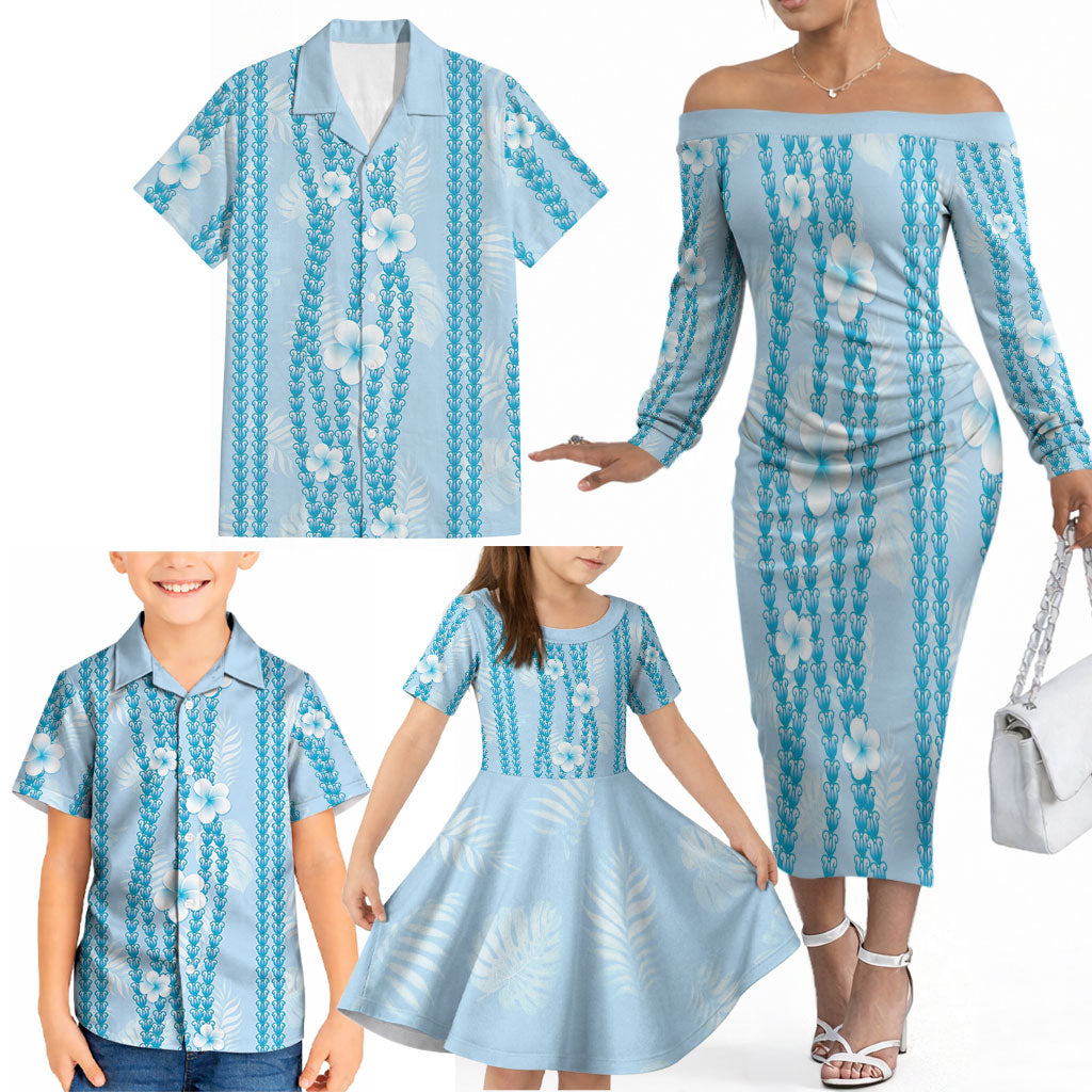 Hawaii Queen Liliuokalani Family Matching Off The Shoulder Long Sleeve Dress and Hawaiian Shirt Blue Lei Pua Kalaunu