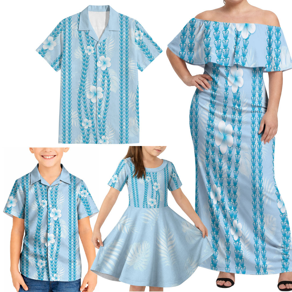 Hawaii Queen Liliuokalani Family Matching Off Shoulder Maxi Dress and Hawaiian Shirt Blue Lei Pua Kalaunu