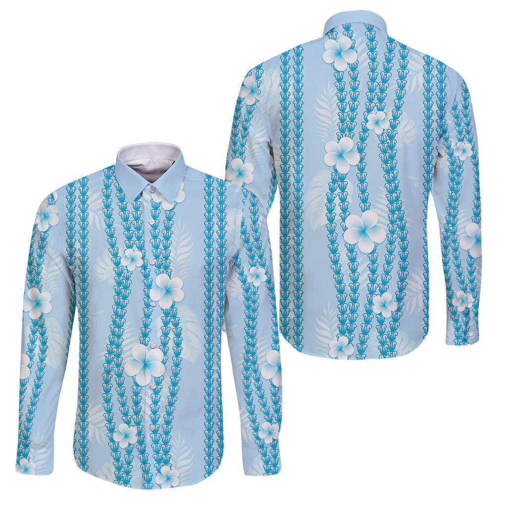 Hawaii Queen Liliuokalani Family Matching Off Shoulder Short Dress and Hawaiian Shirt Blue Lei Pua Kalaunu LT05 Dad's Shirt - Long Sleeve Blue - Polynesian Pride