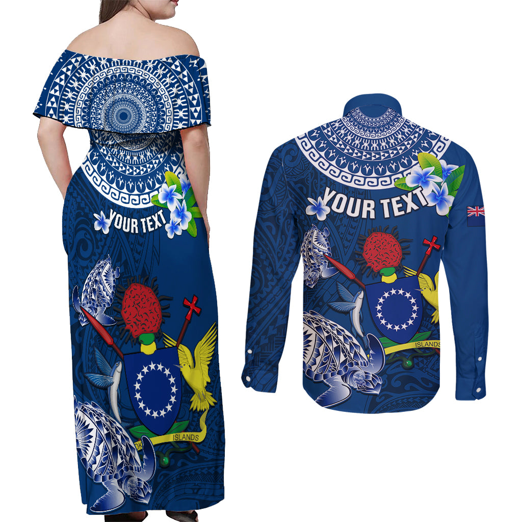 Personalized Cook Islands Pukapuka Couples Matching Off Shoulder Maxi Dress and Long Sleeve Button Shirts Coat Of Arms Plumeria Polynesian Turtle LT05 - Polynesian Pride