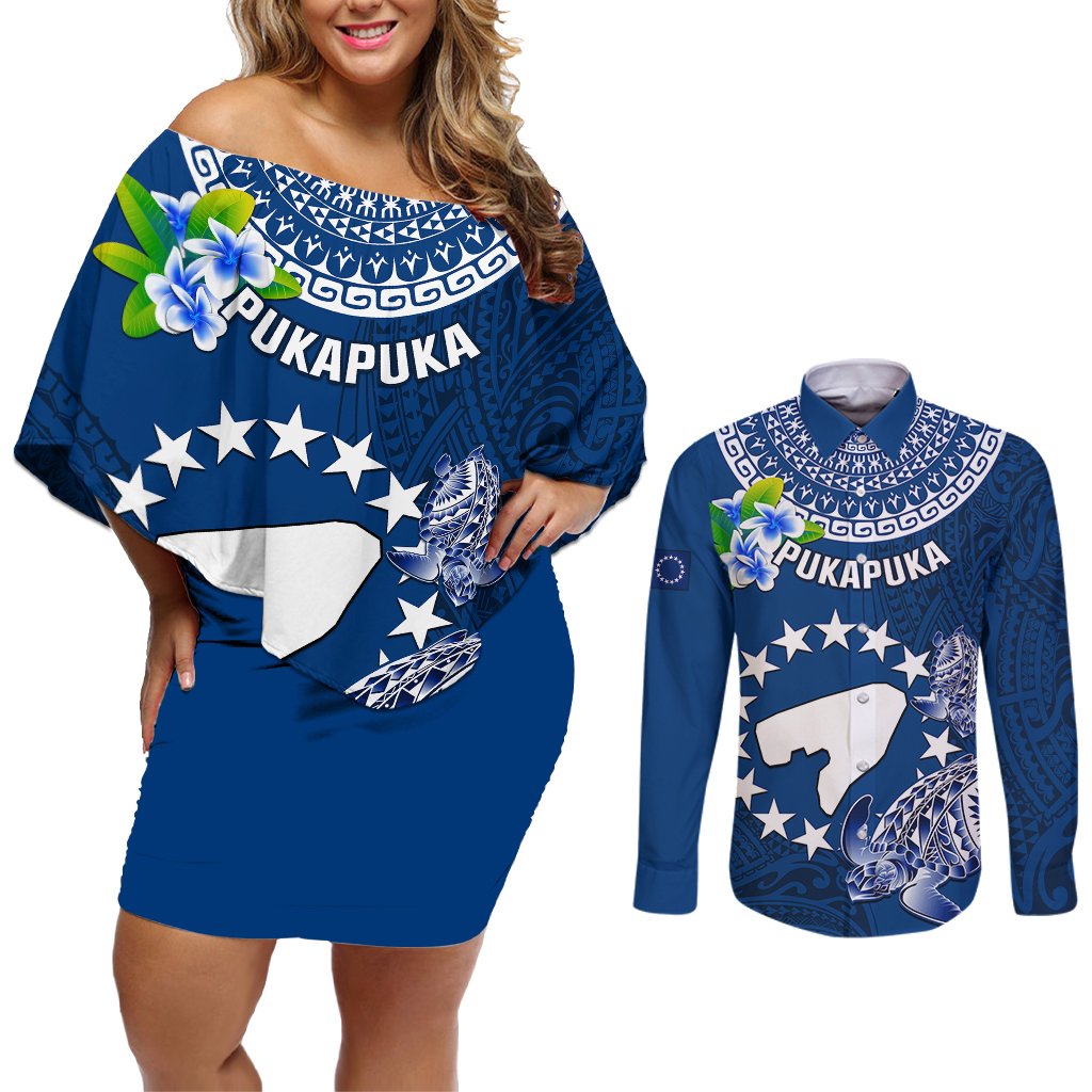 Personalized Cook Islands Pukapuka Couples Matching Off Shoulder Short Dress and Long Sleeve Button Shirts Coat Of Arms Plumeria Polynesian Turtle LT05 Blue - Polynesian Pride