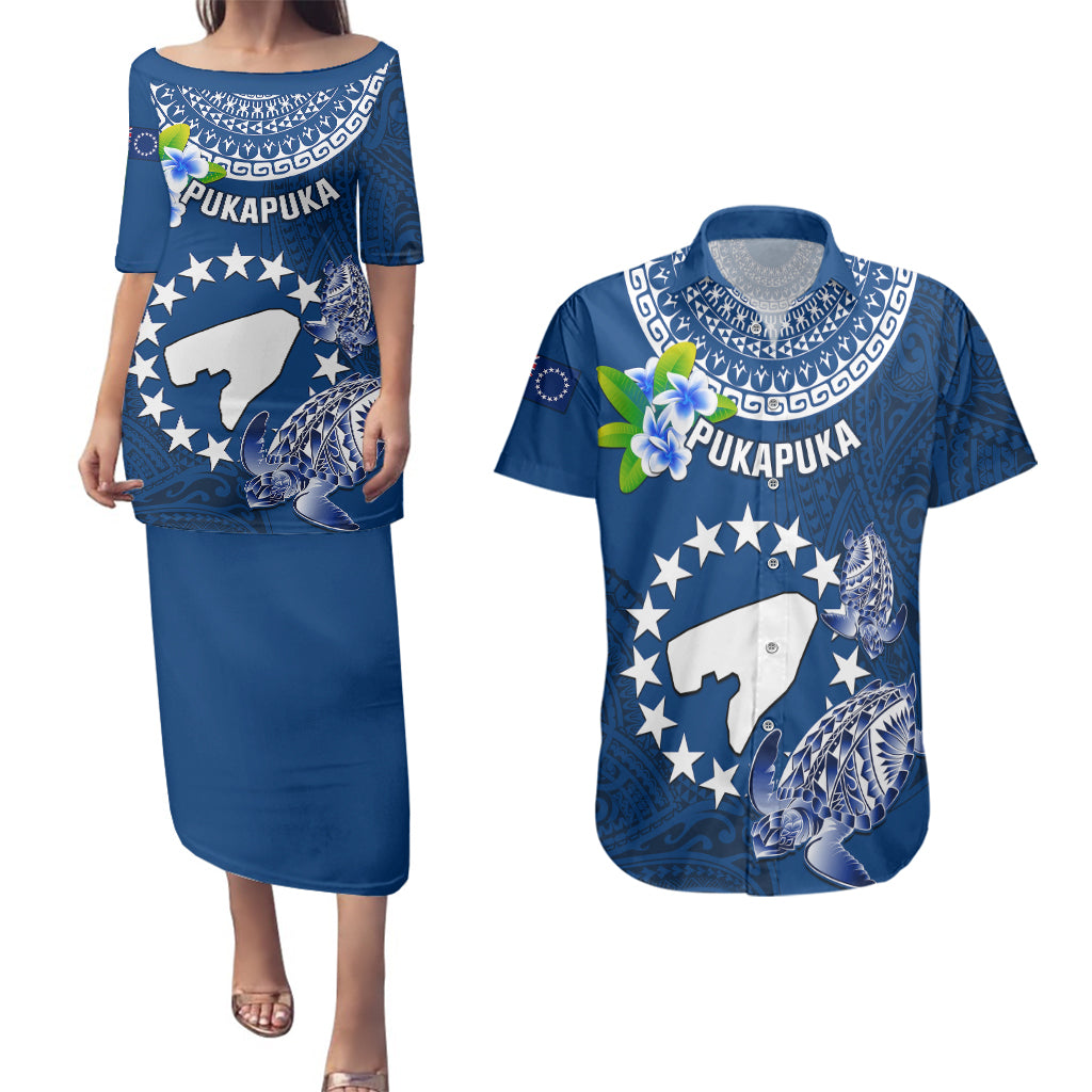 Personalized Cook Islands Pukapuka Couples Matching Puletasi Dress and Hawaiian Shirt Coat Of Arms Plumeria Polynesian Turtle LT05 Blue - Polynesian Pride