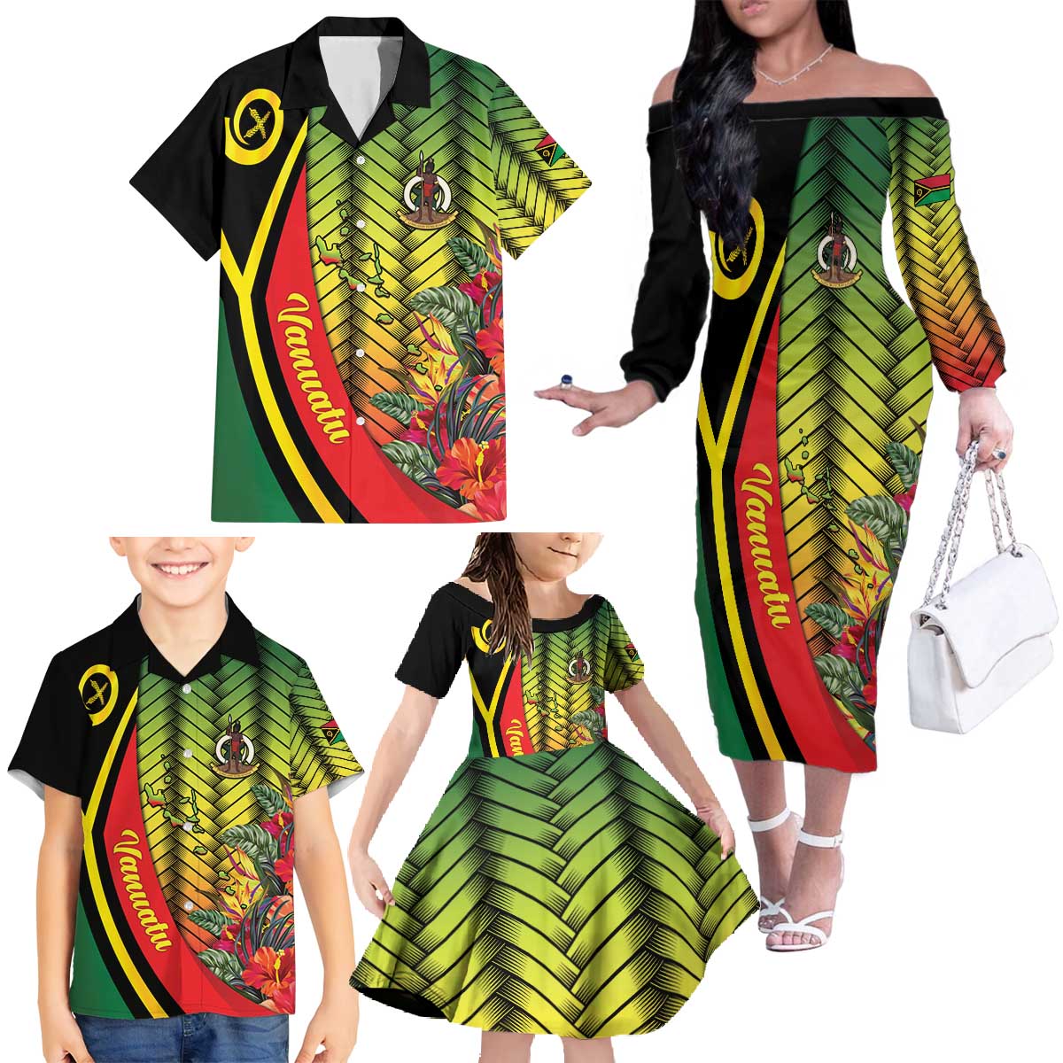Vanuatu Constitution Day Family Matching Off The Shoulder Long Sleeve Dress and Hawaiian Shirt Long Live Vanuatu LT05 - Polynesian Pride