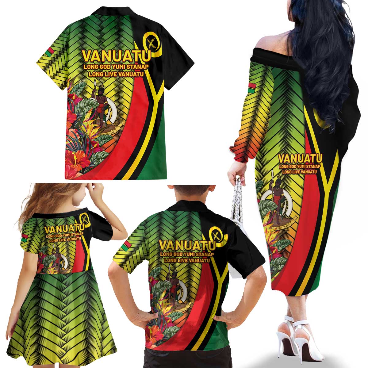 Vanuatu Constitution Day Family Matching Off The Shoulder Long Sleeve Dress and Hawaiian Shirt Long Live Vanuatu LT05 - Polynesian Pride