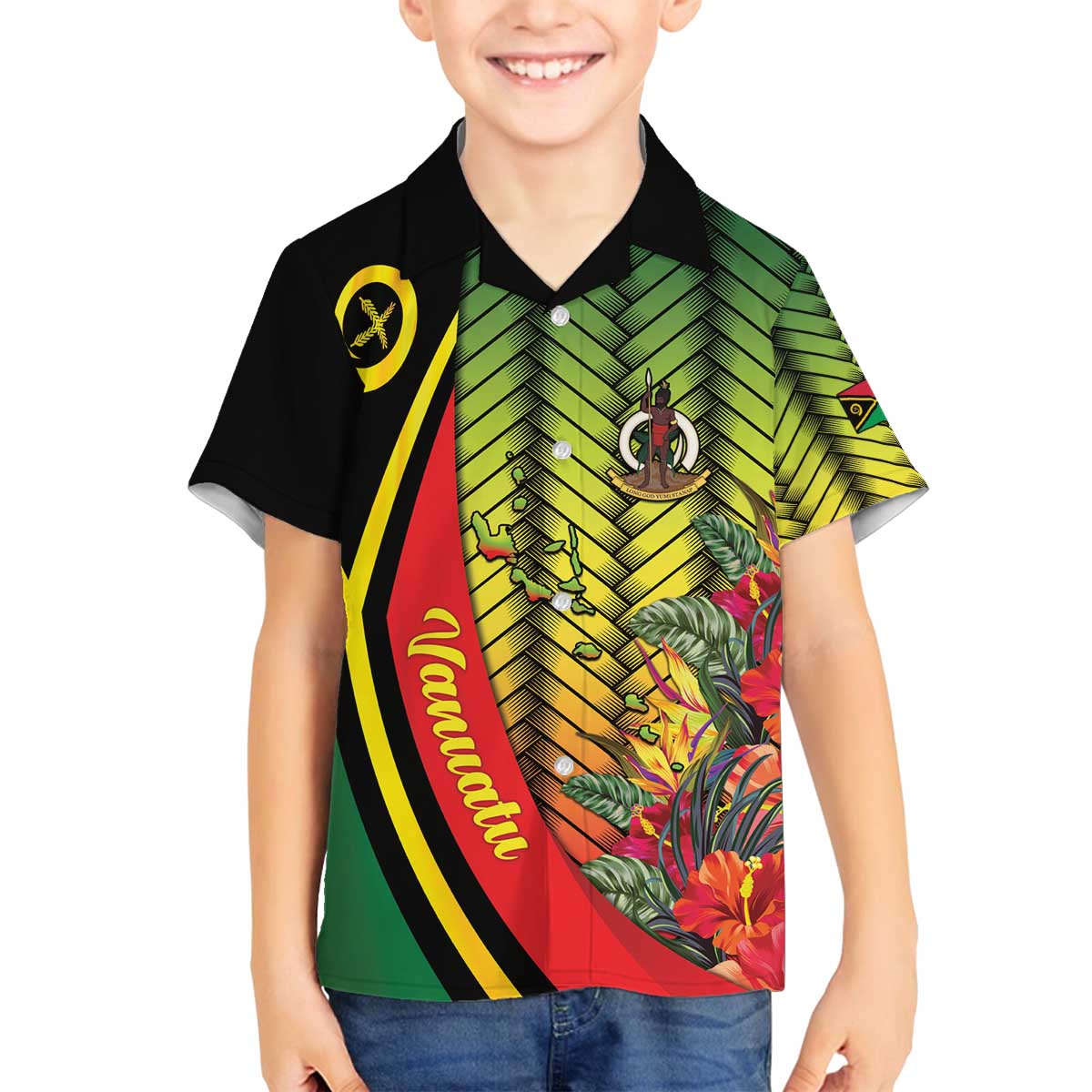 Vanuatu Constitution Day Family Matching Off The Shoulder Long Sleeve Dress and Hawaiian Shirt Long Live Vanuatu LT05 Son's Shirt Colorful - Polynesian Pride