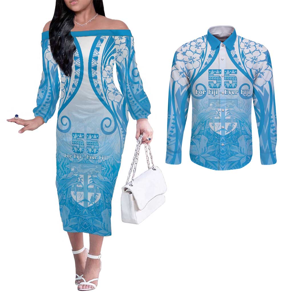 Fiji Day Couples Matching Off The Shoulder Long Sleeve Dress and Long Sleeve Button Shirt 55th Anniversary Forever Fiji - Polynesian Pride