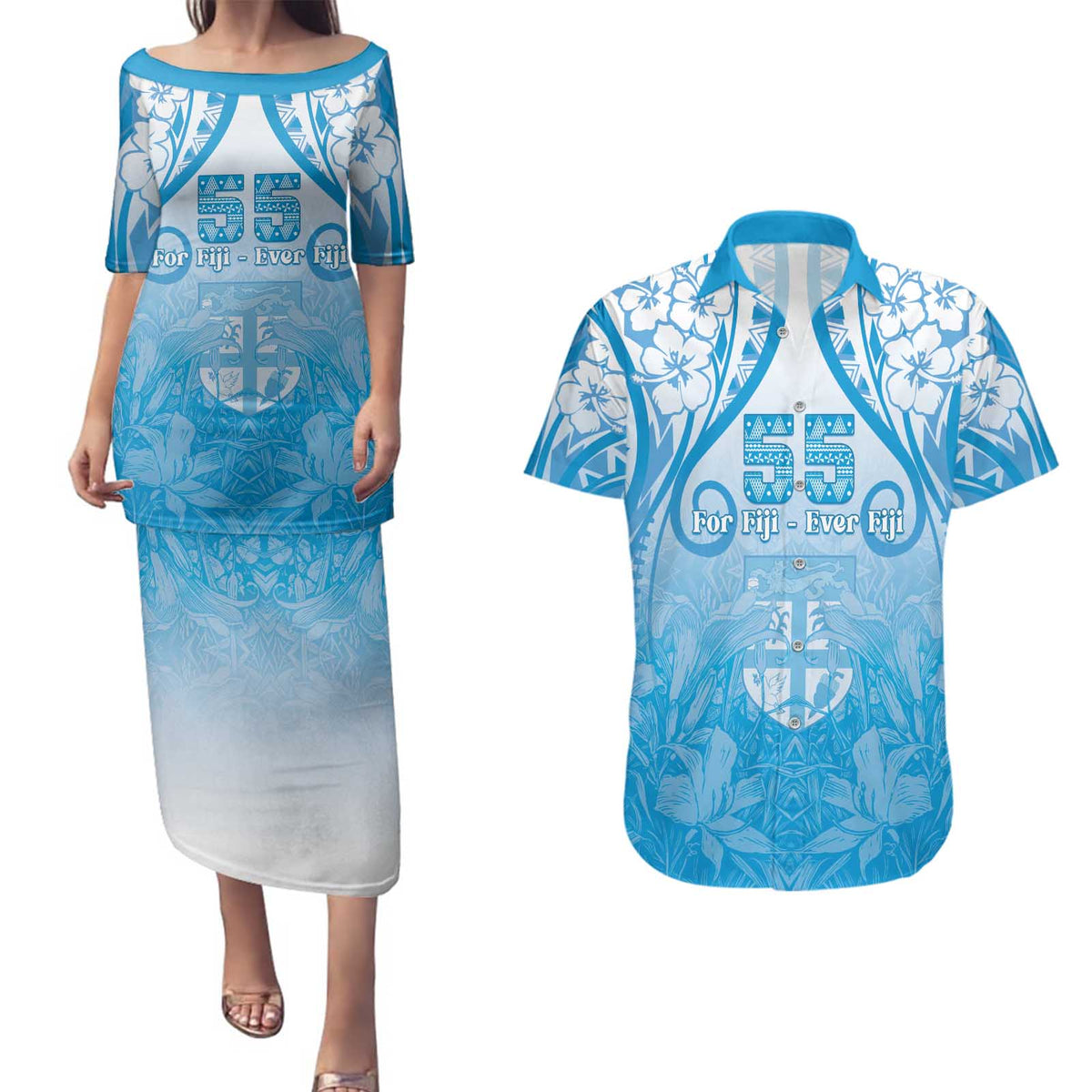 Fiji Day Couples Matching Puletasi and Hawaiian Shirt 55th Anniversary Forever Fiji - Polynesian Pride