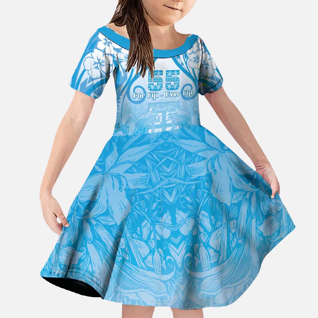 Fiji Day Family Matching Long Sleeve Bodycon Dress and Hawaiian Shirt 55th Anniversary Forever Fiji LT05 Daughter's Dress Blue - Polynesian Pride