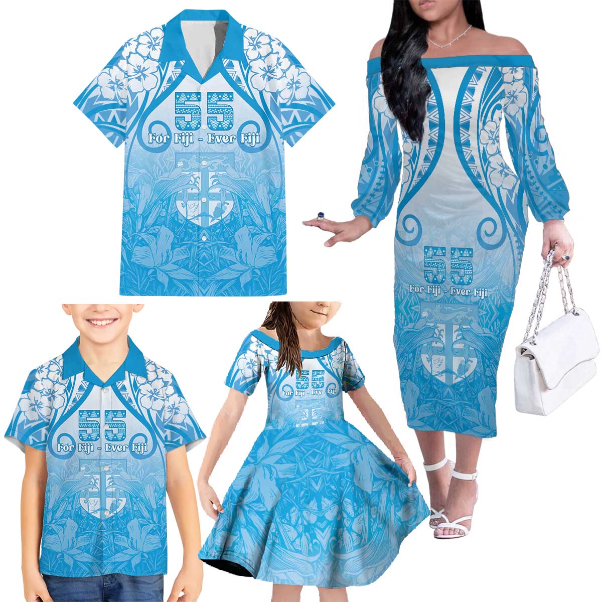 Fiji Day Family Matching Off The Shoulder Long Sleeve Dress and Hawaiian Shirt 55th Anniversary Forever Fiji LT05 - Polynesian Pride