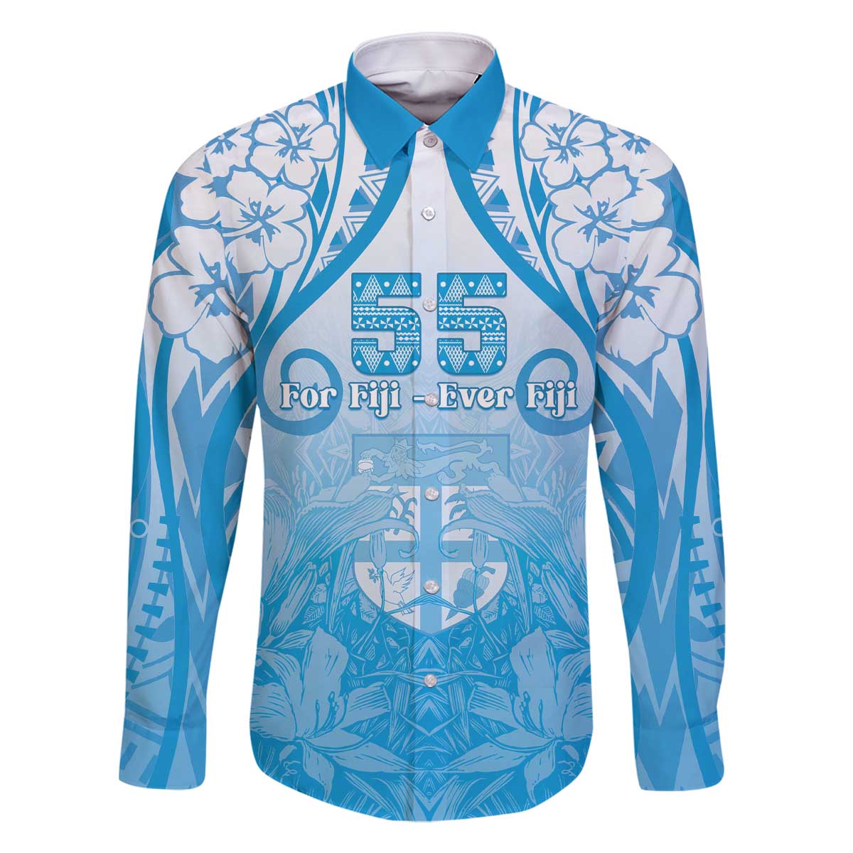 Fiji Day Family Matching Off The Shoulder Long Sleeve Dress and Hawaiian Shirt 55th Anniversary Forever Fiji LT05 Dad's Shirt - Long Sleeve Blue - Polynesian Pride