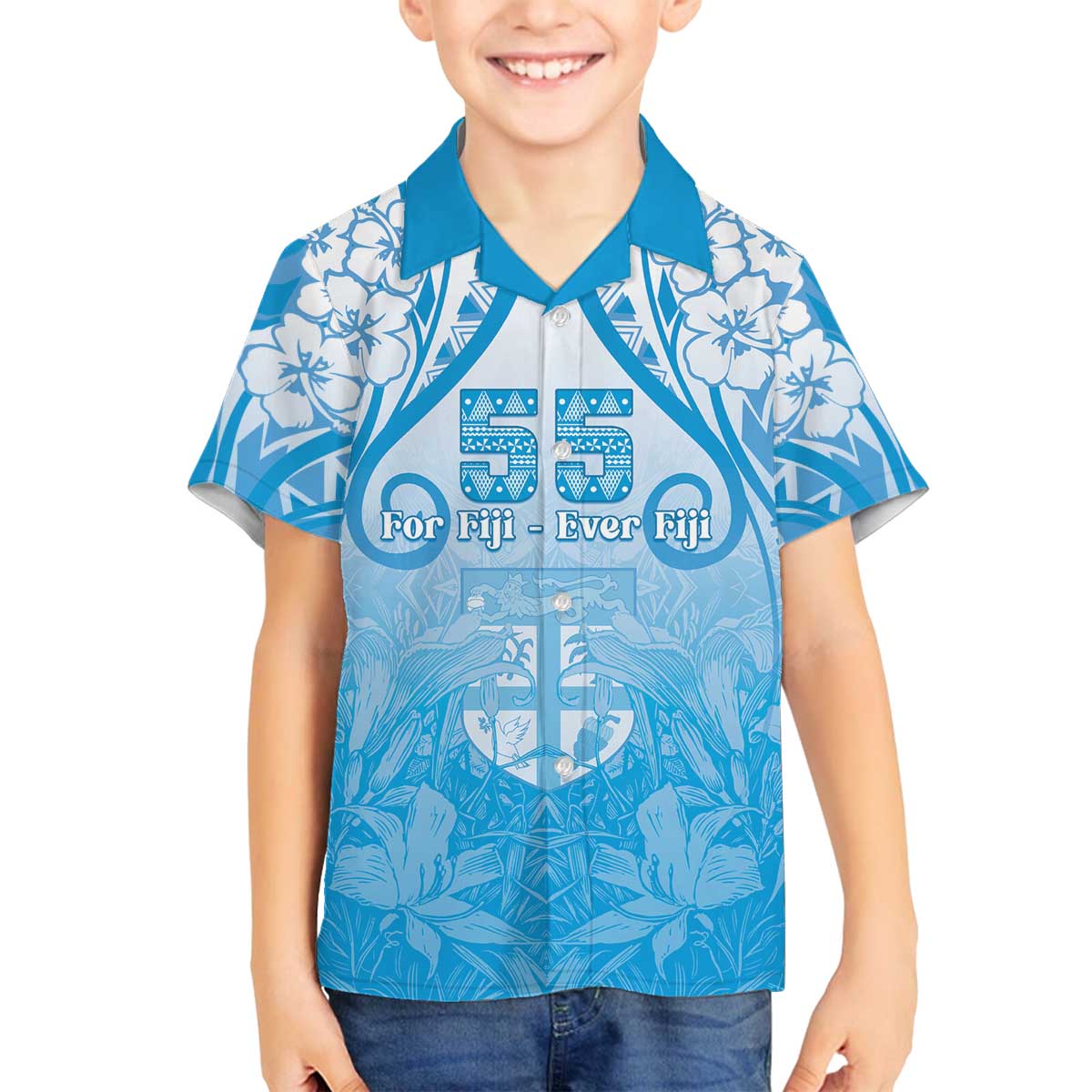Fiji Day Family Matching Off The Shoulder Long Sleeve Dress and Hawaiian Shirt 55th Anniversary Forever Fiji LT05 Son's Shirt Blue - Polynesian Pride