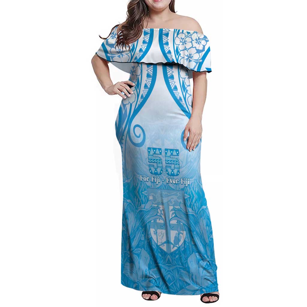 Fiji Day Family Matching Off Shoulder Maxi Dress and Hawaiian Shirt 55th Anniversary Forever Fiji LT05 Mom's Dress Blue - Polynesian Pride
