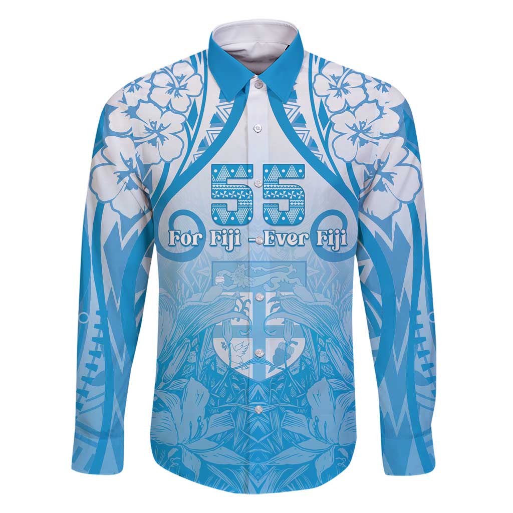 Fiji Day Family Matching Off Shoulder Short Dress and Hawaiian Shirt 55th Anniversary Forever Fiji LT05 Dad's Shirt - Long Sleeve Blue - Polynesian Pride