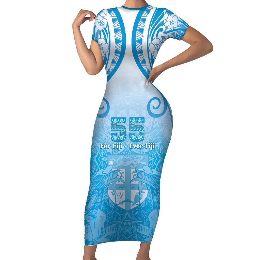 Fiji Day Short Sleeve Bodycon Dress 55th Anniversary Forever Fiji LT05 Long Dress Blue - Polynesian Pride