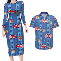 Fiji Masi Tapa Couples Matching Long Sleeve Bodycon Dress and Hawaiian Shirt Coat Of Arms LT05 Blue - Polynesian Pride