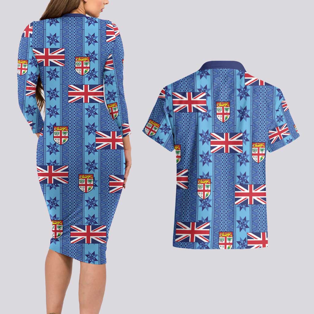 Fiji Masi Tapa Couples Matching Long Sleeve Bodycon Dress and Hawaiian Shirt Coat Of Arms LT05 - Polynesian Pride