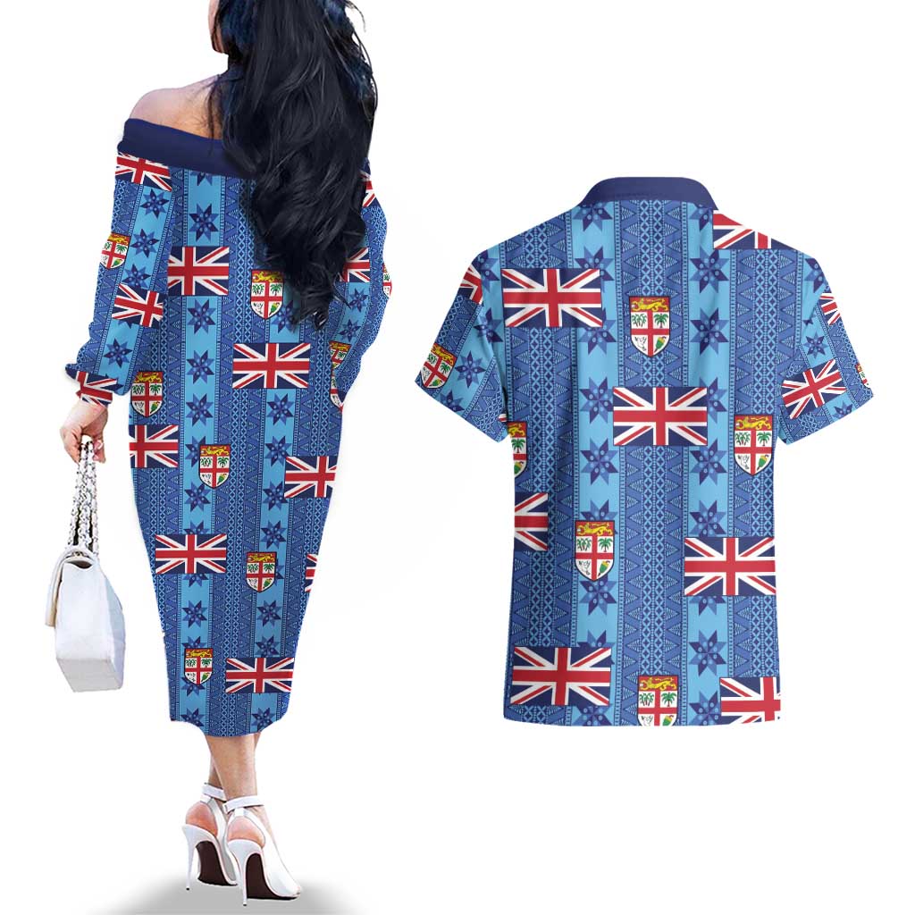 Fiji Masi Tapa Couples Matching Off The Shoulder Long Sleeve Dress and Hawaiian Shirt Coat Of Arms LT05 - Polynesian Pride