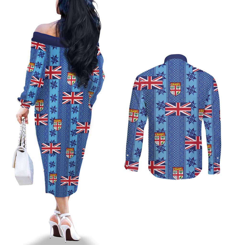 Fiji Masi Tapa Couples Matching Off The Shoulder Long Sleeve Dress and Long Sleeve Button Shirt Coat Of Arms - Polynesian Pride