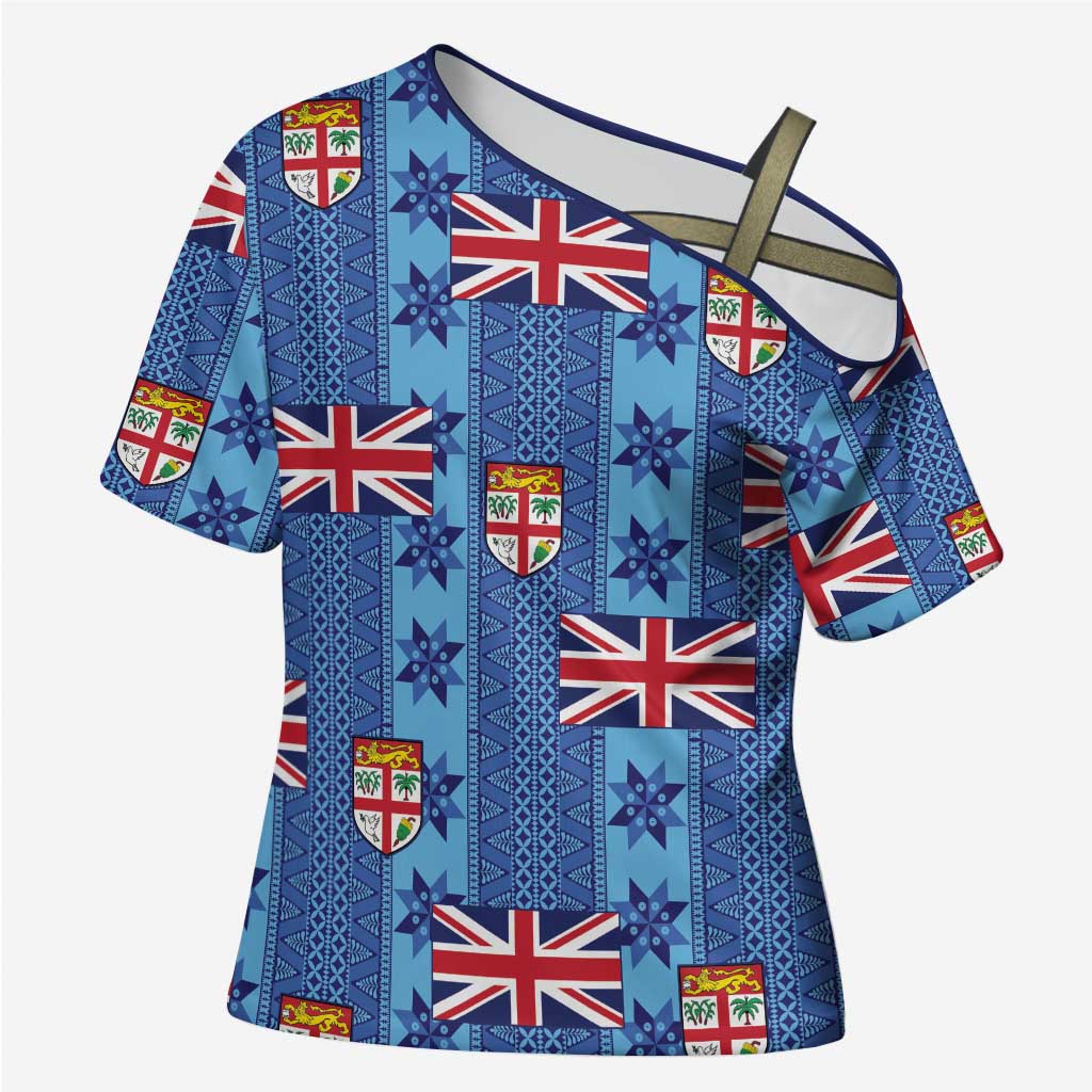 Fiji Masi Tapa Cross Shoulder Shirt Coat Of Arms - Polynesian Pride