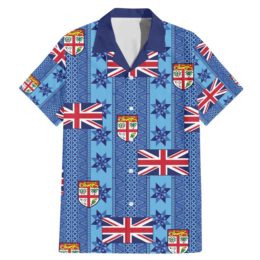 Fiji Masi Tapa Family Matching Mermaid Dress and Hawaiian Shirt Coat Of Arms LT05 Dad's Shirt - Short Sleeve Blue - Polynesian Pride