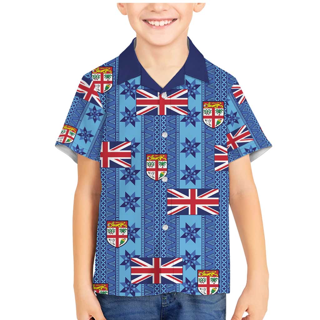 Fiji Masi Tapa Family Matching Mermaid Dress and Hawaiian Shirt Coat Of Arms LT05 Son's Shirt Blue - Polynesian Pride