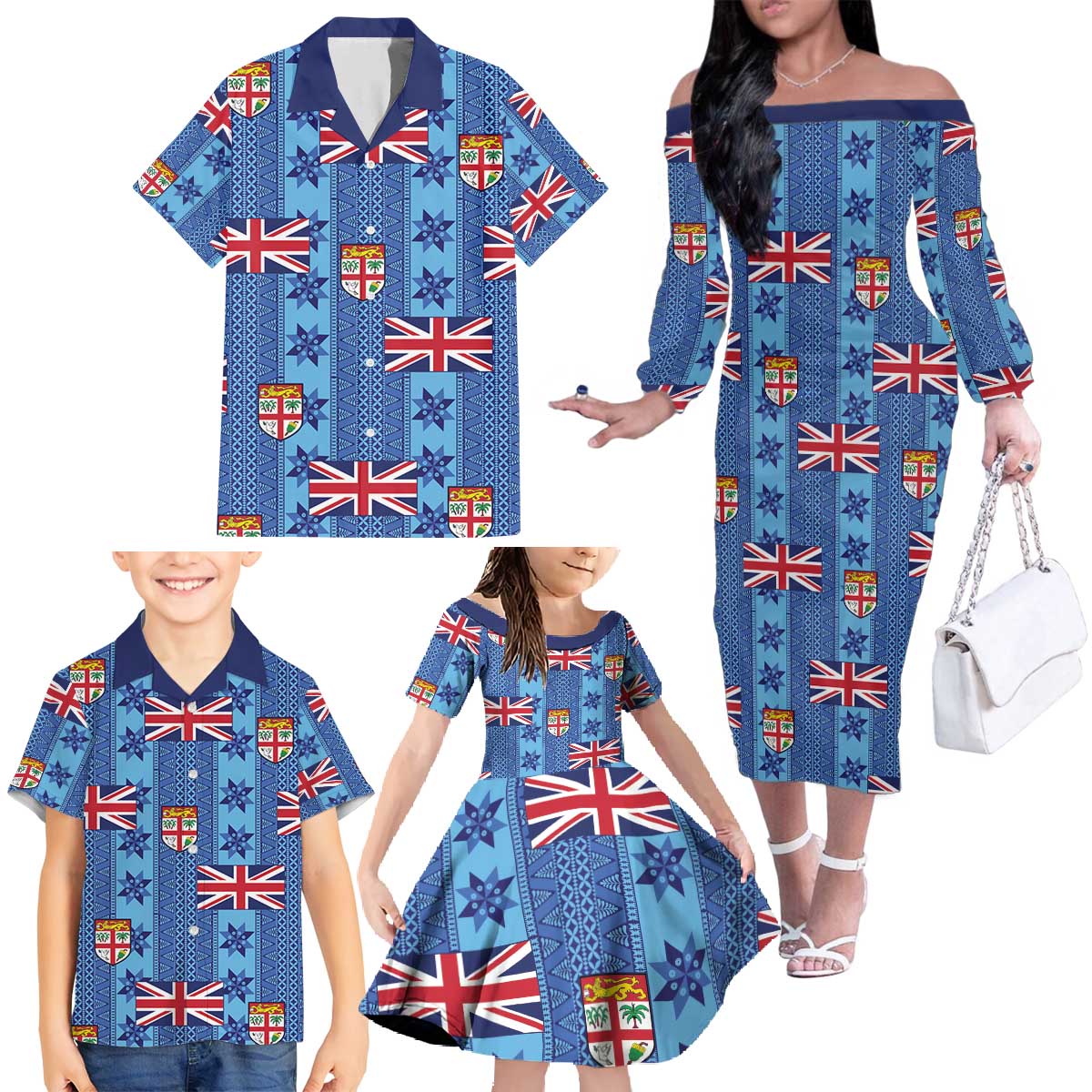 Fiji Masi Tapa Family Matching Off The Shoulder Long Sleeve Dress and Hawaiian Shirt Coat Of Arms LT05 - Polynesian Pride