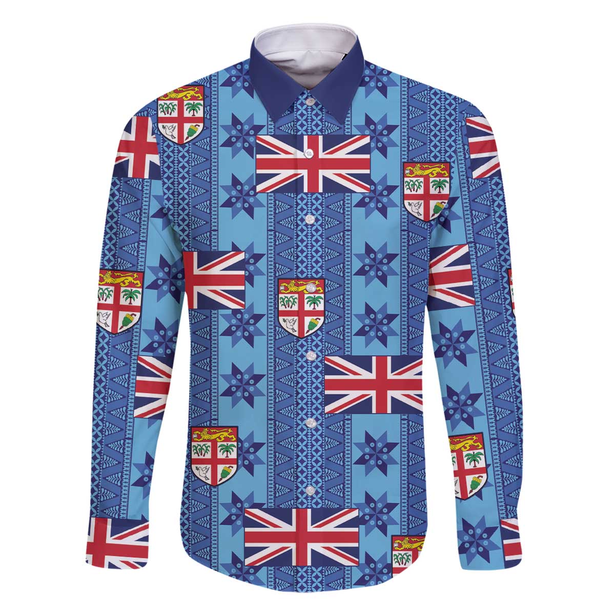 Fiji Masi Tapa Family Matching Off The Shoulder Long Sleeve Dress and Hawaiian Shirt Coat Of Arms LT05 Dad's Shirt - Long Sleeve Blue - Polynesian Pride