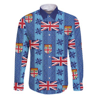 Fiji Masi Tapa Family Matching Off The Shoulder Long Sleeve Dress and Hawaiian Shirt Coat Of Arms LT05 Dad's Shirt - Long Sleeve Blue - Polynesian Pride