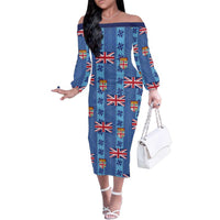 Fiji Masi Tapa Family Matching Off The Shoulder Long Sleeve Dress and Hawaiian Shirt Coat Of Arms LT05 Mom's Dress Blue - Polynesian Pride