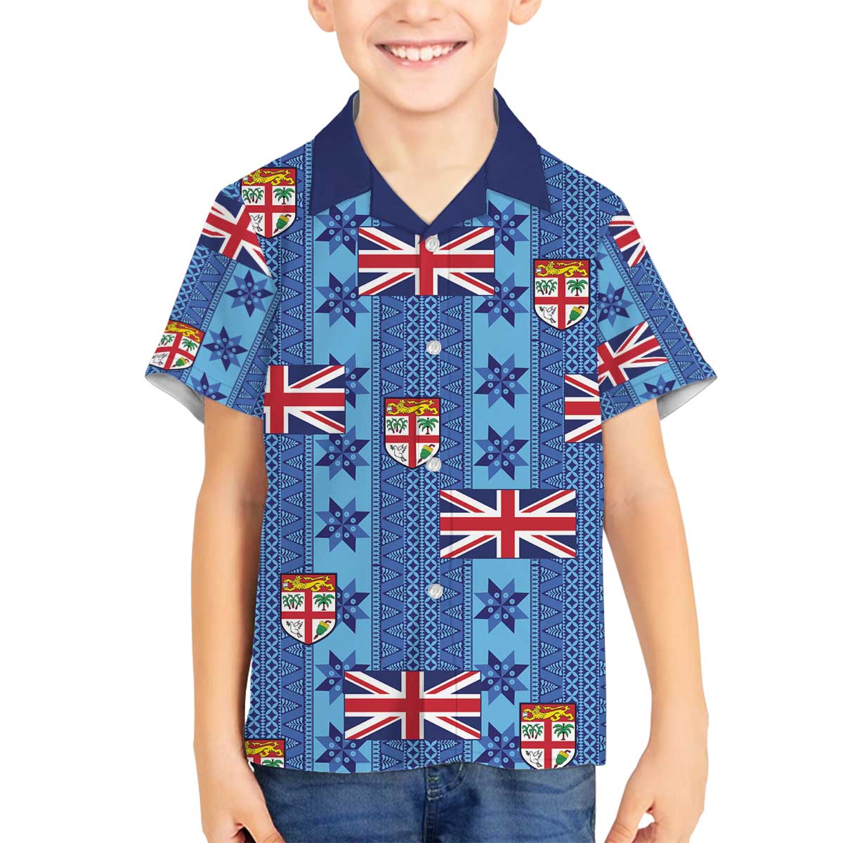 Fiji Masi Tapa Family Matching Off The Shoulder Long Sleeve Dress and Hawaiian Shirt Coat Of Arms LT05 Son's Shirt Blue - Polynesian Pride