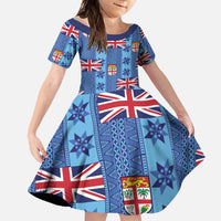 Fiji Masi Tapa Family Matching Off Shoulder Maxi Dress and Hawaiian Shirt Coat Of Arms LT05 Daughter's Dress Blue - Polynesian Pride