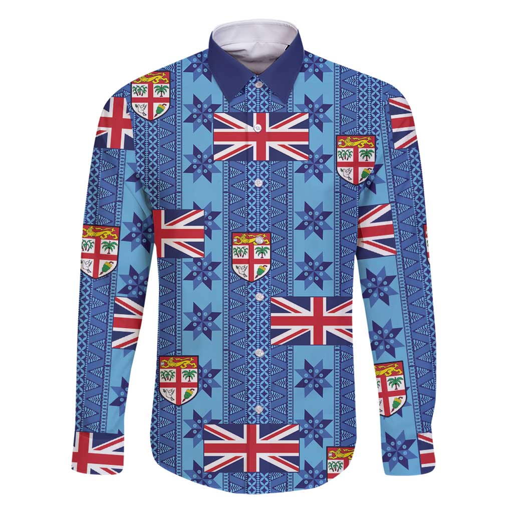 Fiji Masi Tapa Family Matching Off Shoulder Maxi Dress and Hawaiian Shirt Coat Of Arms LT05 Dad's Shirt - Long Sleeve Blue - Polynesian Pride