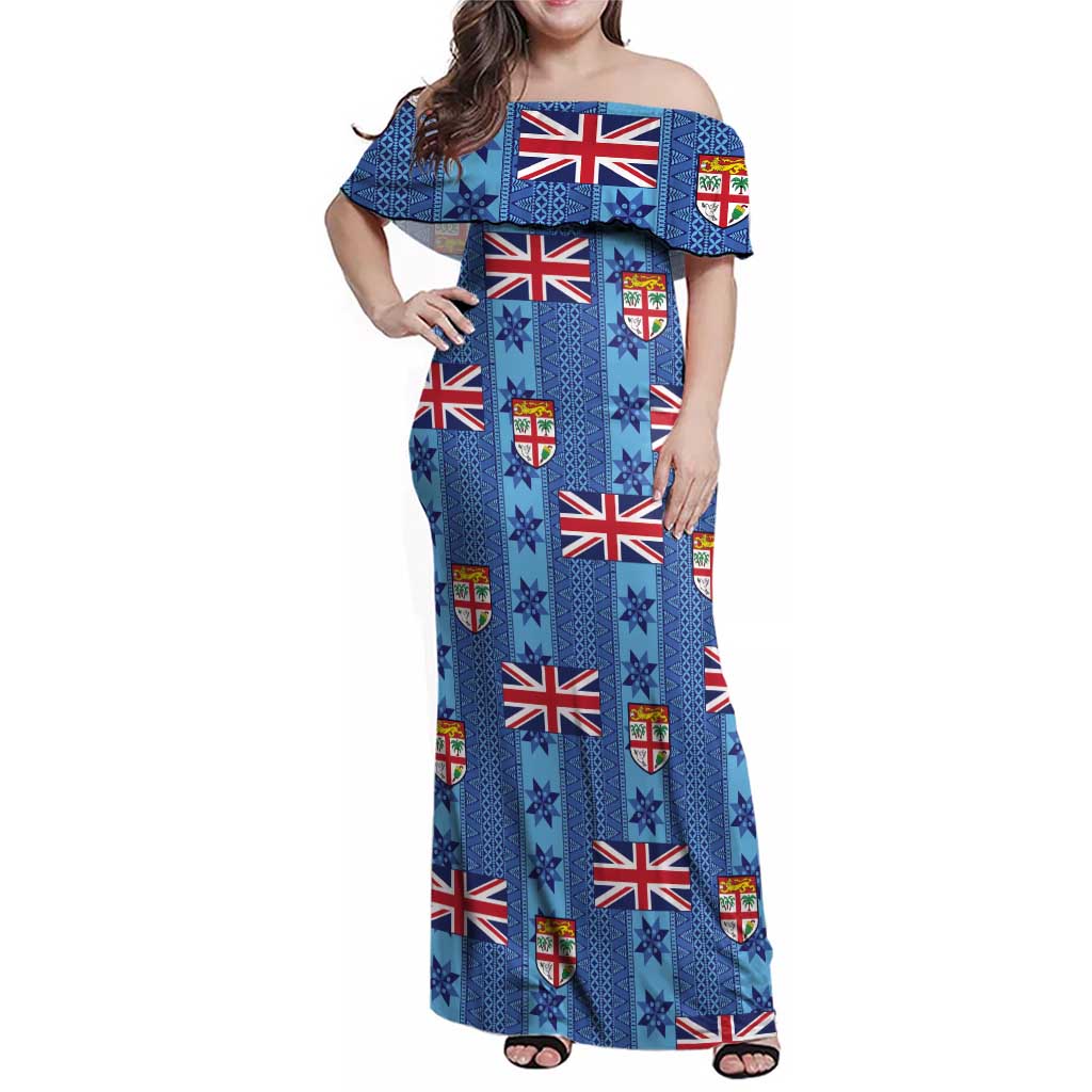 Fiji Masi Tapa Family Matching Off Shoulder Maxi Dress and Hawaiian Shirt Coat Of Arms LT05 Mom's Dress Blue - Polynesian Pride